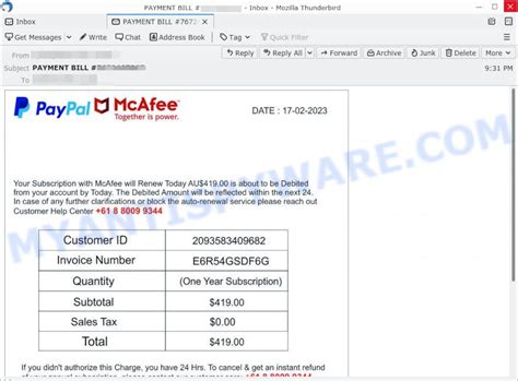 paypal mcafee renewal email